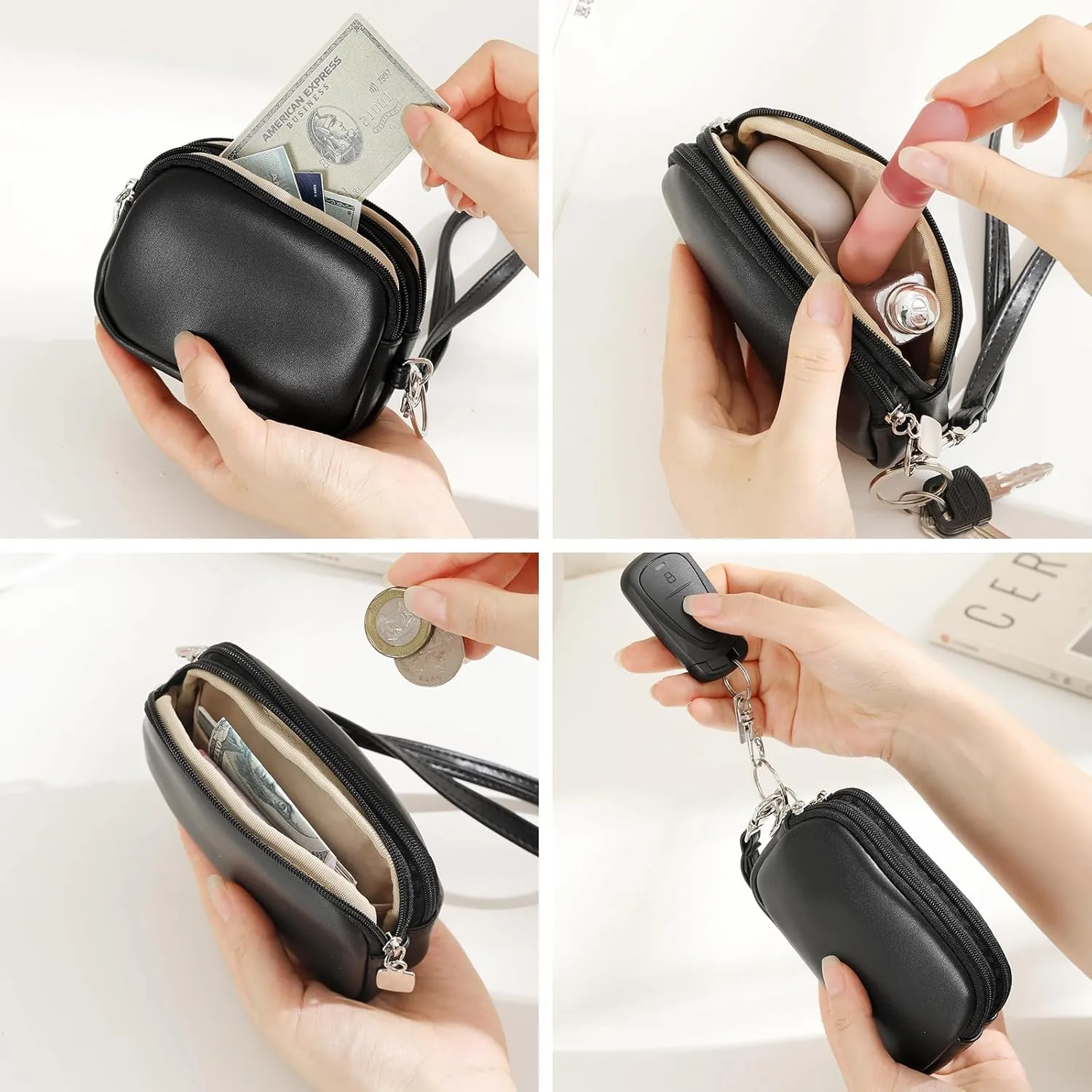 Small Coin Purse Pouch with Keychain,2 Zippered Leather Change Purse with Wristlet,ID Case Card Holder Wallet for Women & MenBlack