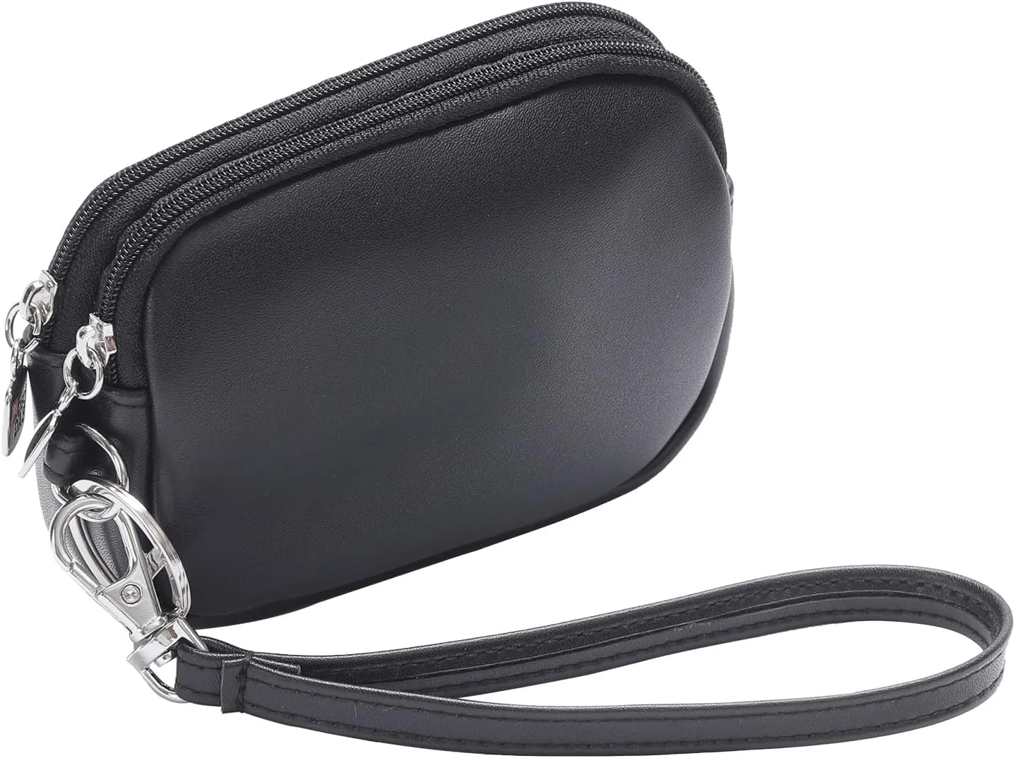 Small Coin Purse Pouch with Keychain,2 Zippered Leather Change Purse with Wristlet,ID Case Card Holder Wallet for Women & MenBlack