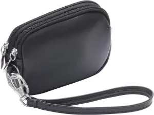 Small Coin Purse Pouch with Keychain,2 Zippered Leather Change Purse with Wristlet,ID Case Card Holder Wallet for Women & MenBlack