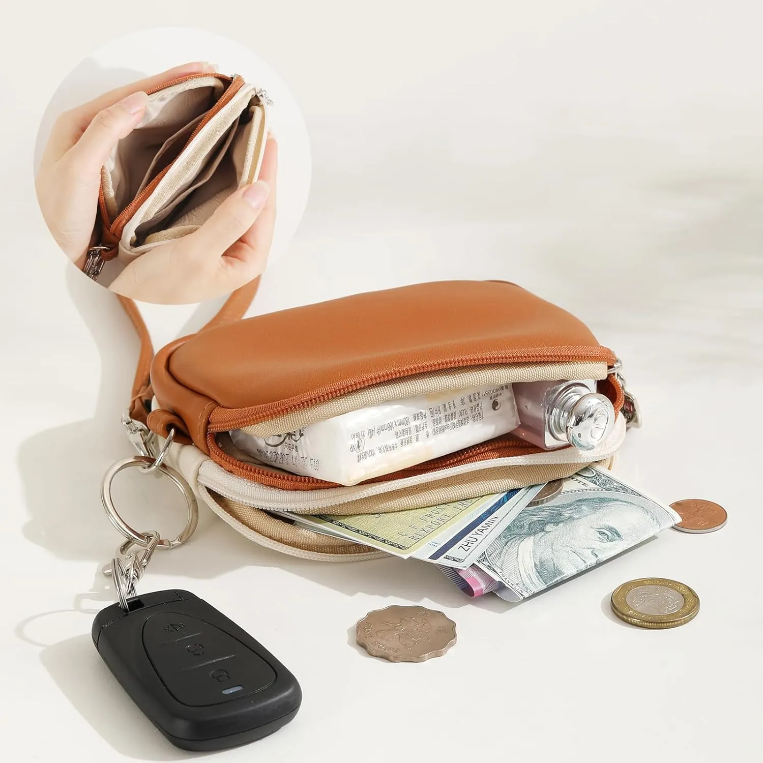 Small Coin Purse Pouch with Keychain,2 Zippered Leather Change Purse with Wristlet,ID Case Card Holder Wallet for Women & MenBrown & Cream