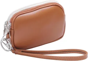 Small Coin Purse Pouch with Keychain,2 Zippered Leather Change Purse with Wristlet,ID Case Card Holder Wallet for Women & MenBrown & Cream