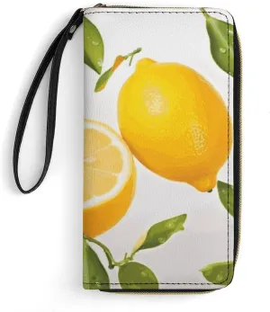 Small Leather Bag with Wristlet Fresh Lemon Printed Genuine Leather Wallet for Men And Women Exquisite And Personalized Portable Wallet