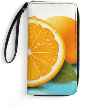 Small Leather Bag with Wristlet Fresh Orange Fruit Printed Genuine Leather Wallet for Men And Women Exquisite And Personalized Portable Wallet