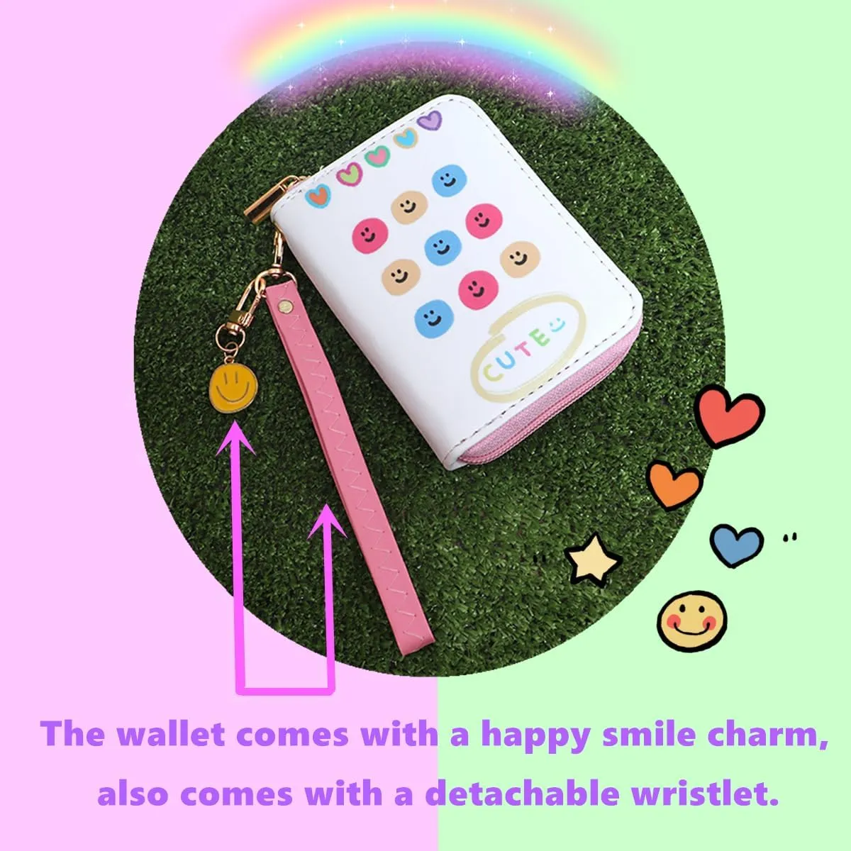 Smile Coin Purse Happy Face Wallet Girls Small Wallet Happy Kids Wallet with Charm Mini Coin Pouches with Strap Preppy Wallet Aesthetic Wallet Y2K for Women