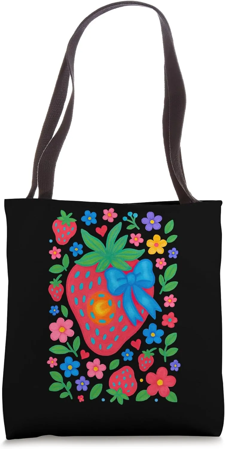 Strawberry Blue Bow Floral Delight Tote Bag