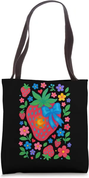 Strawberry Blue Bow Floral Delight Tote Bag