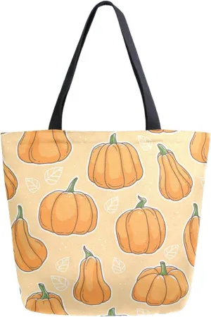 Stylish Extra Large Shoulder Grocery Tote Bag, Fresh Pumpkins Leaves Beige Canvas Daily Handle Bag for Gym Yoga Weekender Beach Travel Picnic Kitchen Reusable Market Shopping