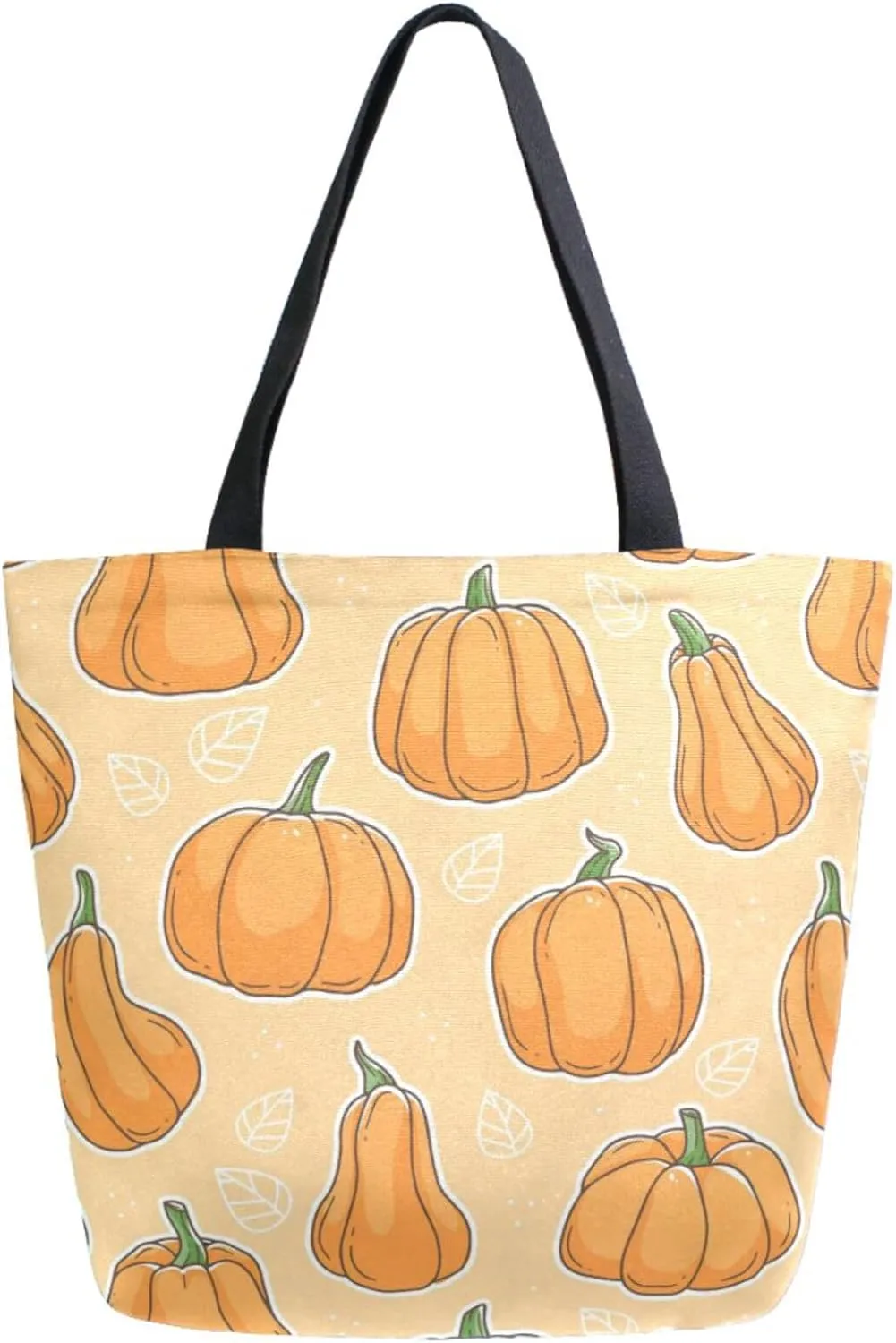 Stylish Extra Large Shoulder Grocery Tote Bag, Fresh Pumpkins Leaves Beige Canvas Daily Handle Bag for Gym Yoga Weekender Beach Travel Picnic Kitchen Reusable Market Shopping