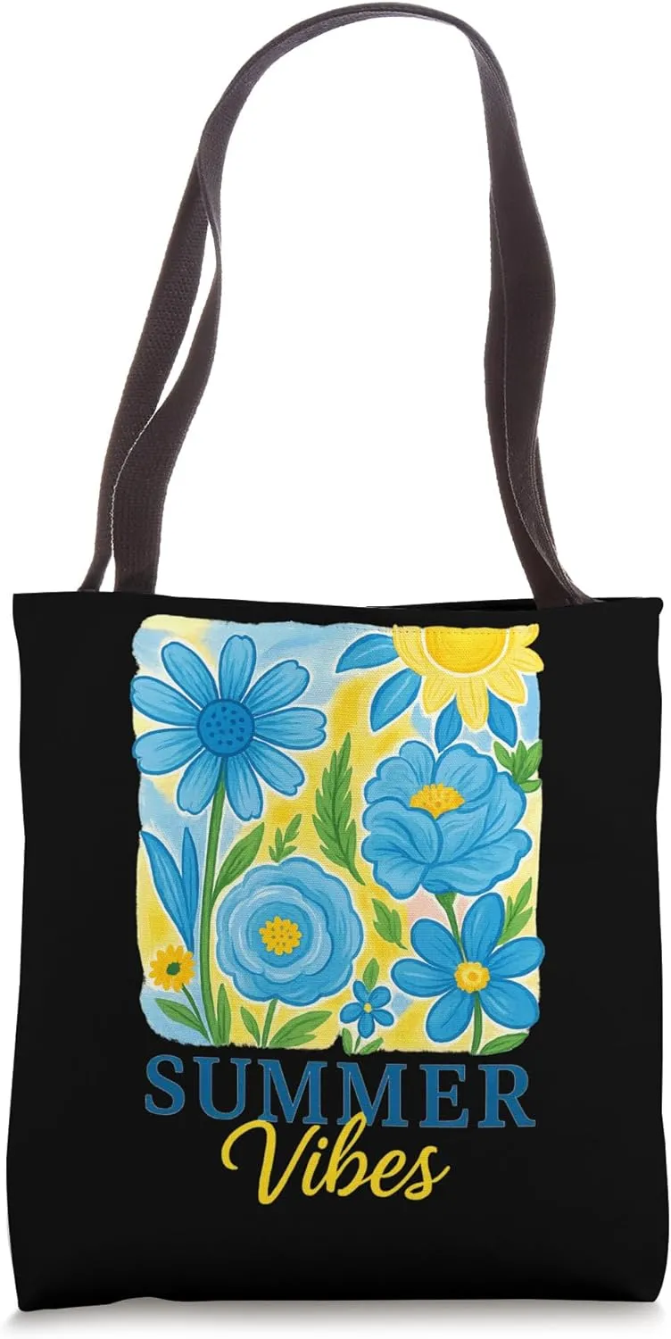Summer Vibes Floral Sunshine Blue Blooms Tote Bag