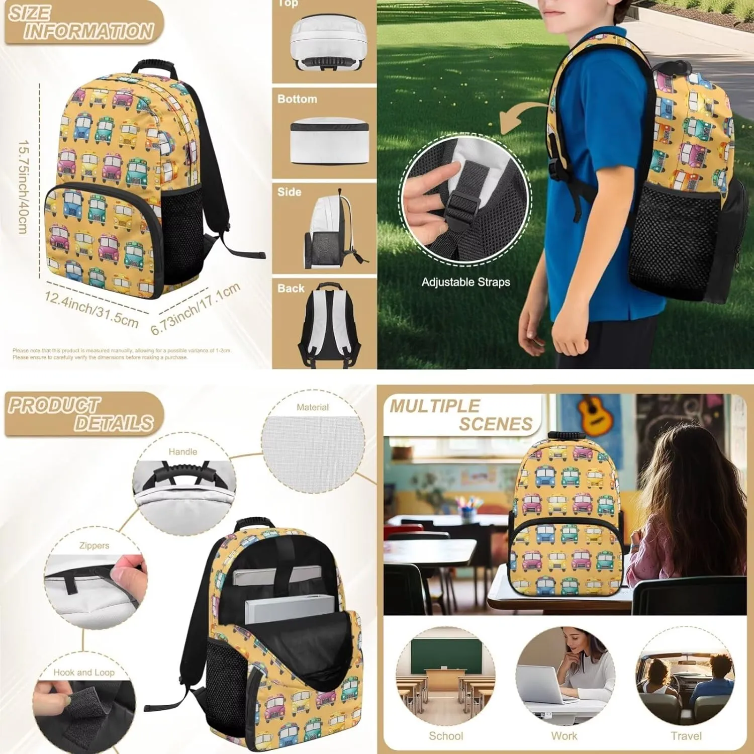 Toddler Car Travel Backpack Set of 4 Yellow Kids Bookbag and Lunch Box Set Boys Cool Kindergarten School Bag for Traveling Versatile Thermal Insulated Lunch Bag