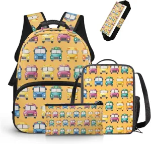 Toddler Car Travel Backpack Set of 4 Yellow Kids Bookbag and Lunch Box Set Boys Cool Kindergarten School Bag for Traveling Versatile Thermal Insulated Lunch Bag