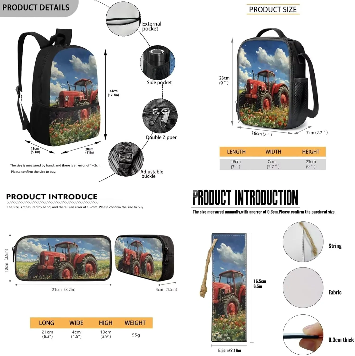 Tractor Backpack and Lunchbox 4-in-1 Cool 17 Inch School Bag for Boys 6-7 Ages Large Capacity School Knapsack with Padded Straps Versatile Lunch Bag Thermal