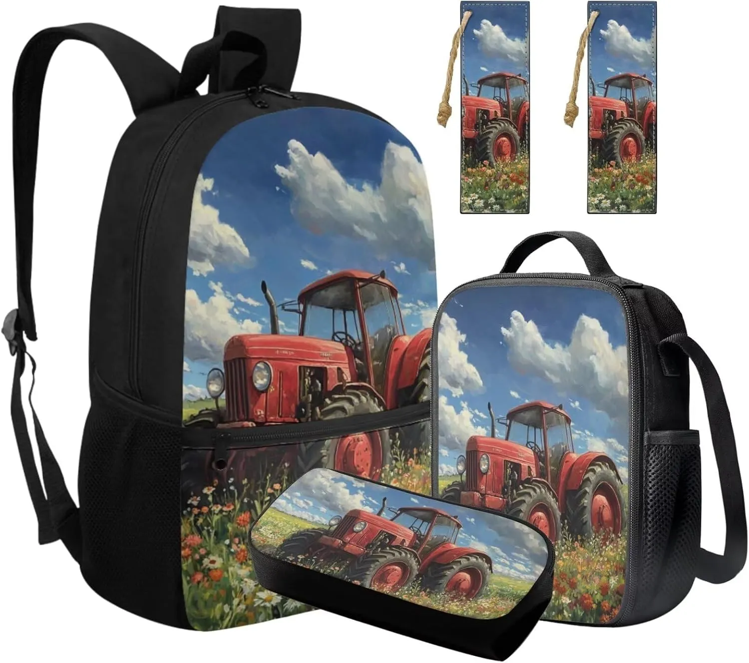Tractor Backpack and Lunchbox 4-in-1 Cool 17 Inch School Bag for Boys 6-7 Ages Large Capacity School Knapsack with Padded Straps Versatile Lunch Bag Thermal
