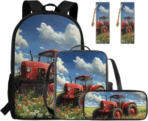 Tractor Backpack and Lunchbox 4-in-1 Cool 17 Inch School Bag for Boys 6-7 Ages Large Capacity School Knapsack with Padded Straps Versatile Lunch Bag Thermal