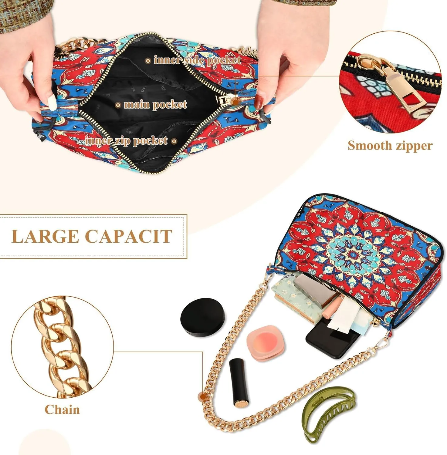 Traditional Hawaiian Style Floral Shoulder Bag with Zipper, Trendy Shoulder Purse