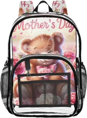 Travel Clear Bags for Women Boys Backpacks for Girls Plastic School Clear Bookbag Mother's Day Bear Carnation