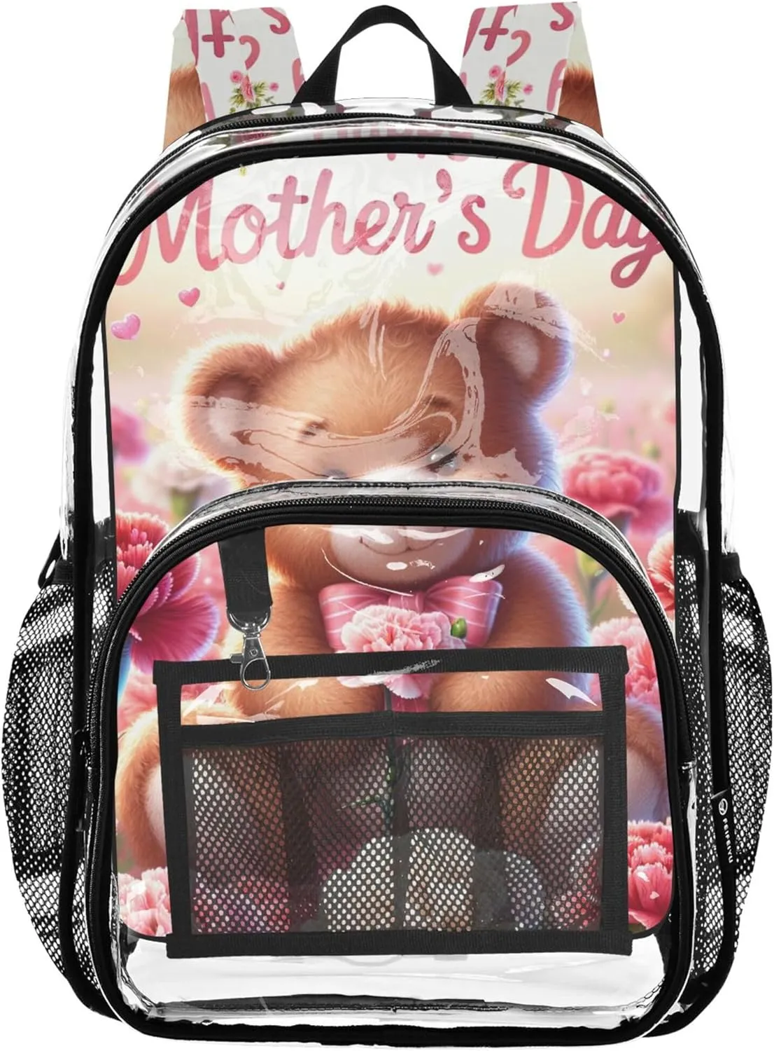 Travel Clear Bags for Women Boys Backpacks for Girls Plastic School Clear Bookbag Mother's Day Bear Carnation