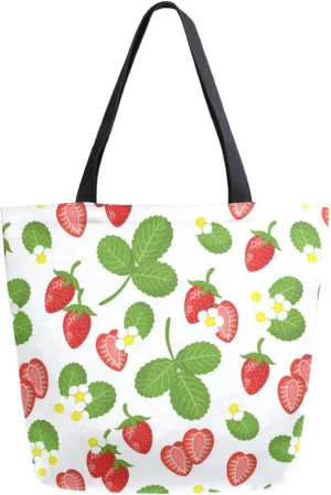 Trendy Extra Large Shoulder Grocery Tote Bag, Fresh Strawberry Green Leaves Flowers Canvas Daily Handle Bag for Gym Yoga Weekender Picnic Beach Travel Kitchen Reusable Market Shopping