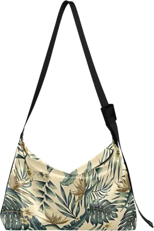 Tropical Leaf Gold Flowers Cheerful PU Leather Shoulder Bag Hobo Large Cross Body Purses Leaf Womans Shoulder Purse
