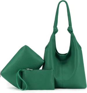 Vegan Leather Hobo Purses set, Slouchy Shoulder Bag Knotted Hobo Bags for Women with a small Purse and Clutch Handbag