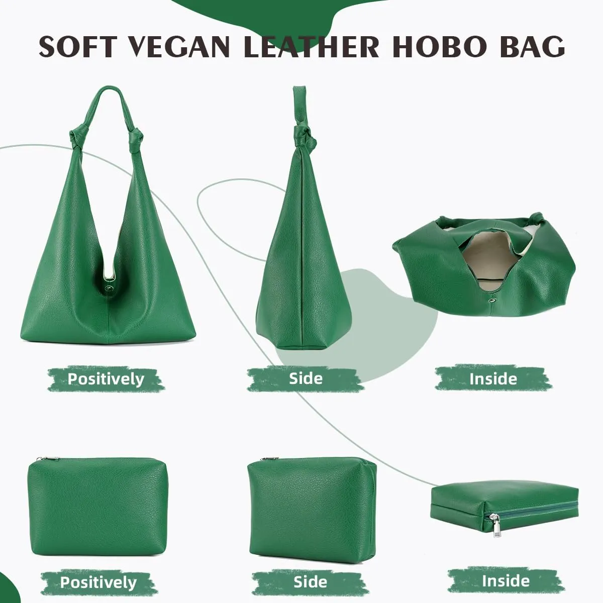 Vegan Leather Hobo Purses set, Slouchy Shoulder Bag Knotted Hobo Bags for Women with a small purse