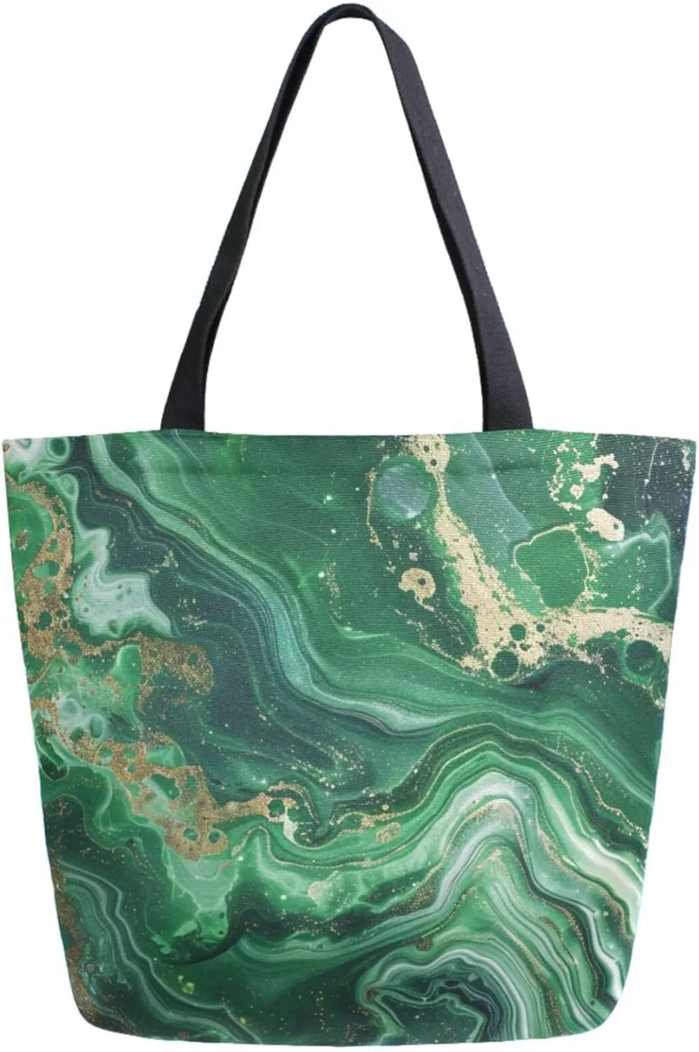 Vivid Pattern Extra Large Shoulder Grocery Tote Bag, Fresh Green Texture Marble Canvas Daily Handle Bag for Gym Weekender Beach Travel Kitchen Reusable Market Shopping