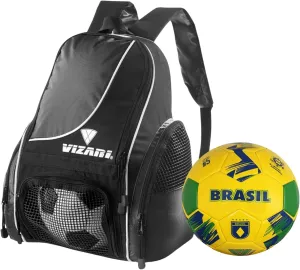 Vizari Solano Multi-Sport Backpack (Black) with National Team Soccer Ball Combo | Versatile Sports Backpack with Durable Faux Leather & Rubber Country Ball (Brasil, Size 3)