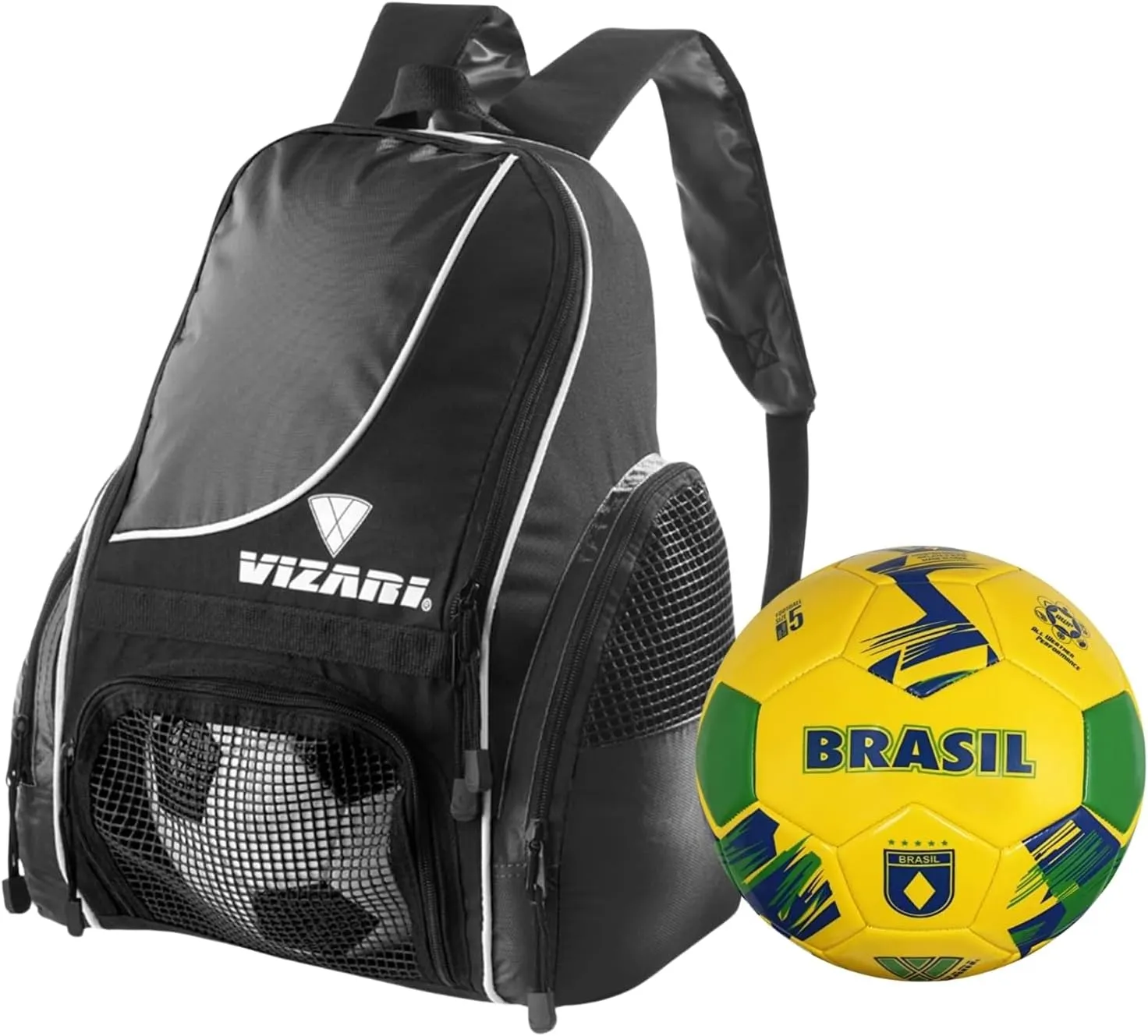 Vizari Solano Multi-Sport Backpack (Black) with National Team Soccer Ball Combo | Versatile Sports Backpack with Durable Faux Leather & Rubber Country Ball (Brasil, Size 3)