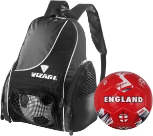 Vizari Solano Multi-Sport Backpack (Black) with National Team Soccer Ball Combo | Versatile Sports Backpack with Durable Faux Leather & Rubber Country Ball (England, Size 5)