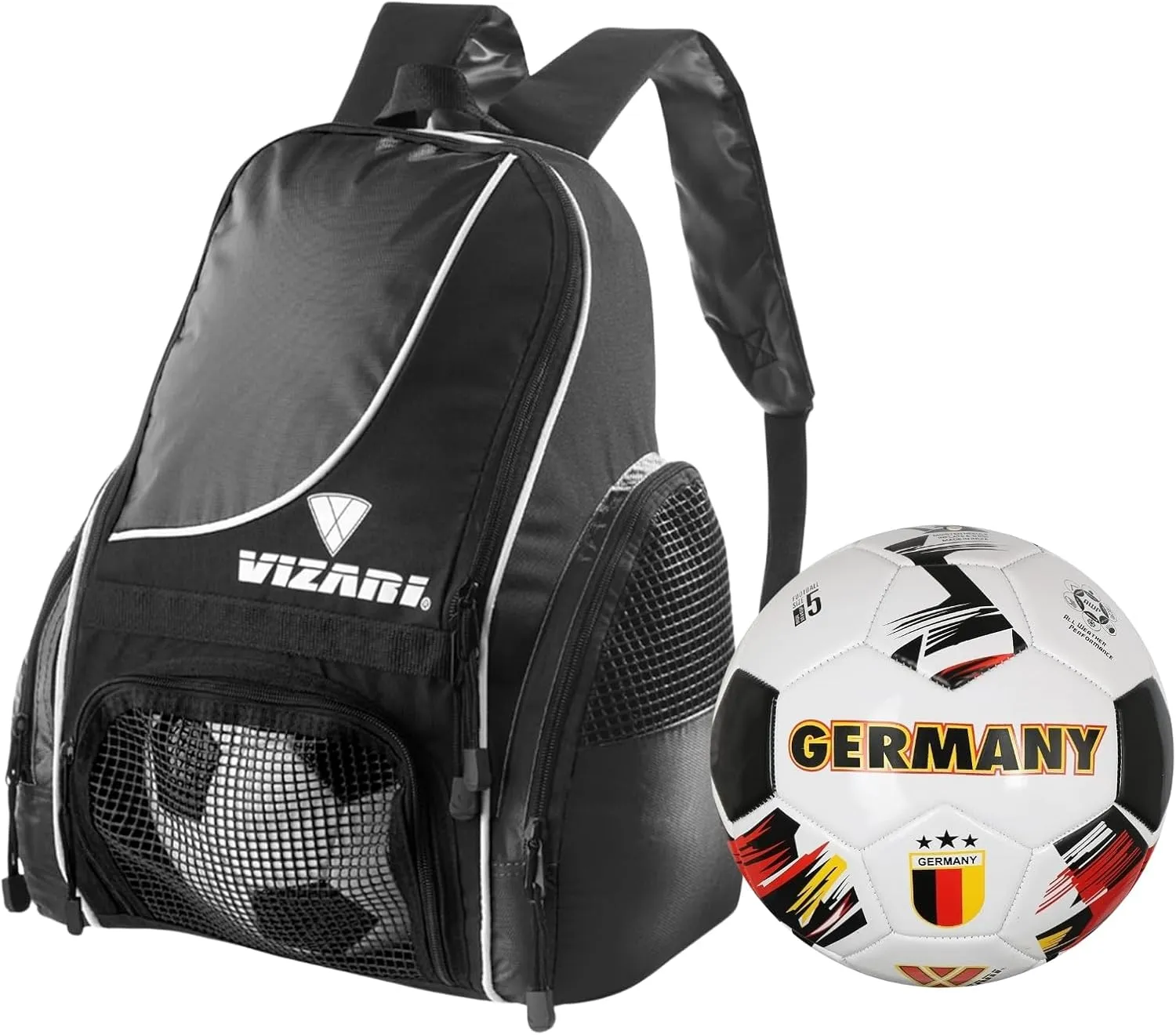 Vizari Solano Multi-Sport Backpack (Black) with National Team Soccer Ball Combo | Versatile Sports Backpack with Durable Faux Leather & Rubber Country Ball (Germany, Size 3)