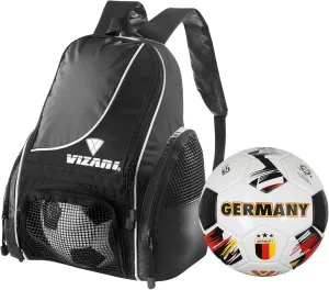 Vizari Solano Multi-Sport Backpack (Black) with National Team Soccer Ball Combo | Versatile Sports Backpack with Durable Faux Leather & Rubber Country Ball (Germany, Size 3)