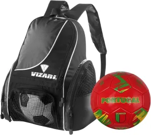 Vizari Solano Multi-Sport Backpack (Black) with National Team Soccer Ball Combo | Versatile Sports Backpack with Durable Faux Leather & Rubber Country Ball (Portugal, Size 3)