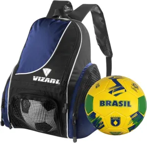 Vizari Solano Multi-Sport Backpack (Navy) with National Team Soccer Ball Combo | Versatile Sports Backpack with Durable Faux Leather & Rubber Country Ball (Brasil, Size 3)