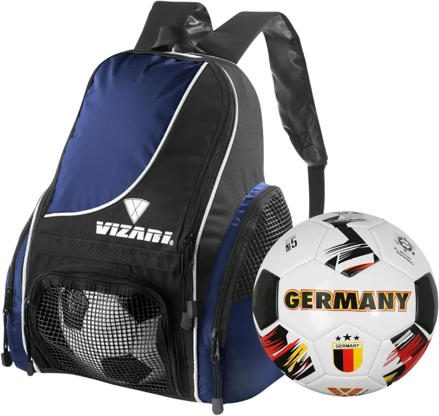 Vizari Solano Multi-Sport Backpack (Navy) with National Team Soccer Ball Combo | Versatile Sports Backpack with Durable Faux Leather & Rubber Country Ball (Germany, Size 4)