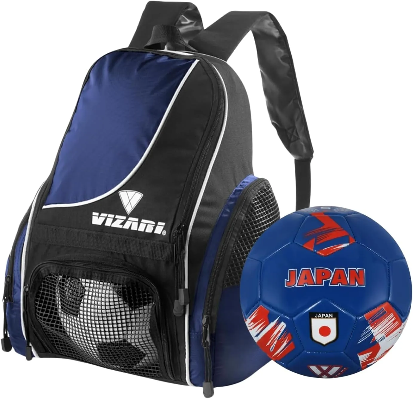 Vizari Solano Multi-Sport Backpack (Navy) with National Team Soccer Ball Combo | Versatile Sports Backpack with Durable Faux Leather & Rubber Country Ball (Japan, Size 3)