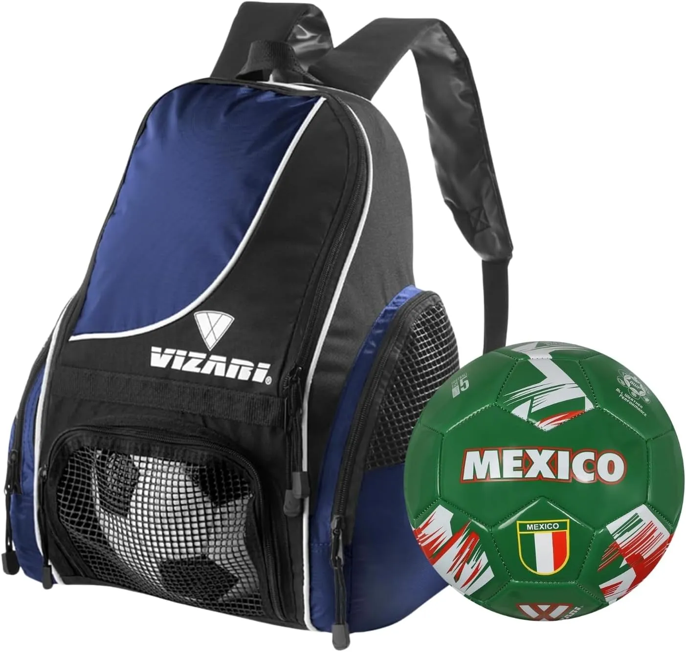Vizari Solano Multi-Sport Backpack (Navy) with National Team Soccer Ball Combo | Versatile Sports Backpack with Durable Faux Leather & Rubber Country Ball (Mexico, Size 3)