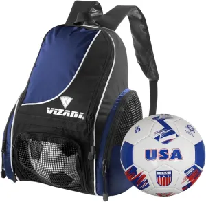 Vizari Solano Multi-Sport Backpack (Navy) with National Team Soccer Ball Combo | Versatile Sports Backpack with Durable Faux Leather & Rubber Country Ball (U.S.A, Size 5)