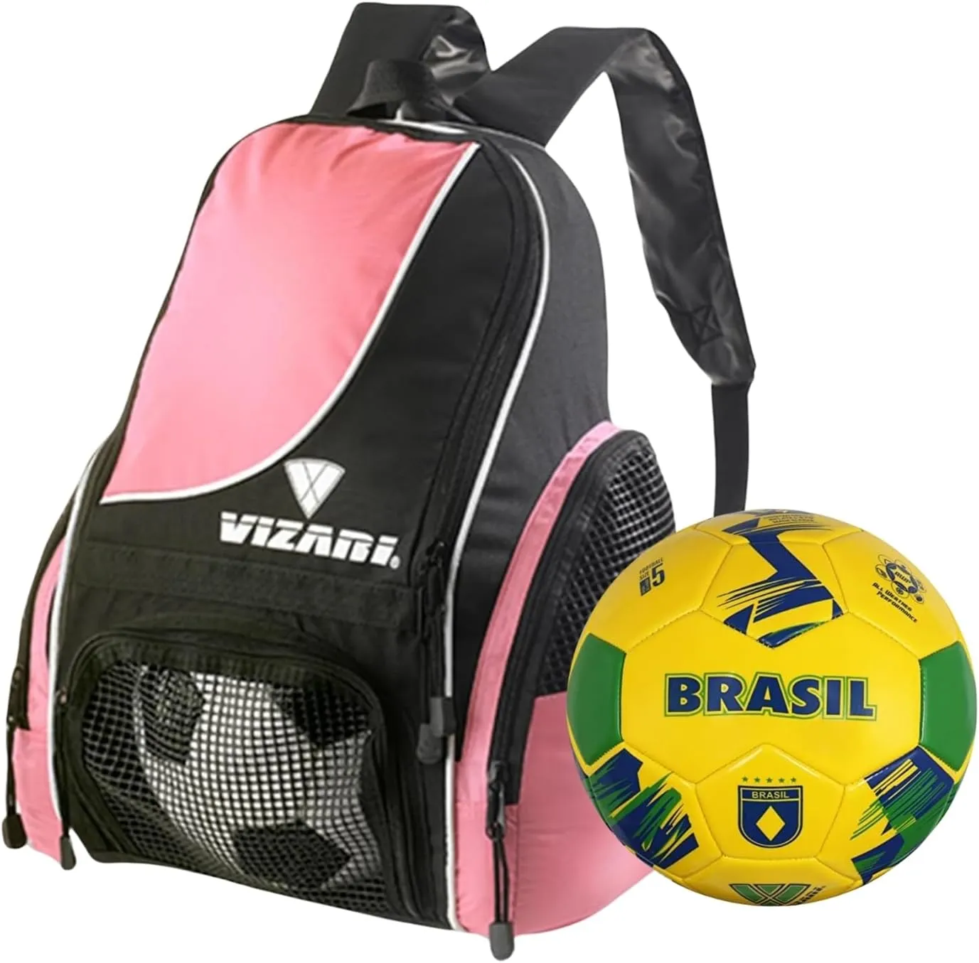 Vizari Solano Multi-Sport Backpack (Pink) with National Team Soccer Ball Combo | Versatile Sports Backpack with Durable Faux Leather & Rubber Country Ball (Brasil, Size 3)