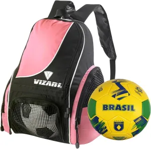 Vizari Solano Multi-Sport Backpack (Pink) with National Team Soccer Ball Combo | Versatile Sports Backpack with Durable Faux Leather & Rubber Country Ball (Brasil, Size 3)