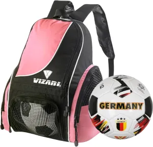 Vizari Solano Multi-Sport Backpack (Pink) with National Team Soccer Ball Combo | Versatile Sports Backpack with Durable Faux Leather & Rubber Country Ball (Germany, Size 3)