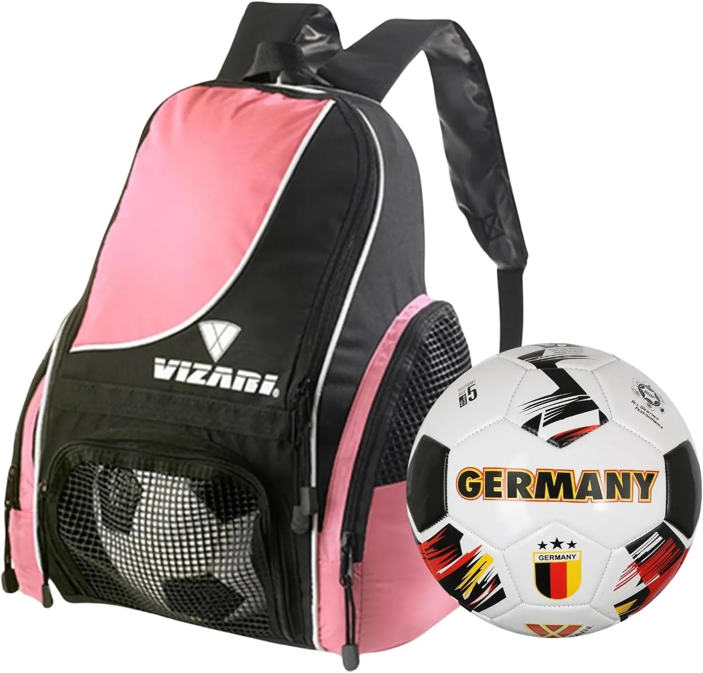 Vizari Solano Multi-Sport Backpack (Pink) with National Team Soccer Ball Combo | Versatile Sports Backpack with Durable Faux Leather & Rubber Country Ball (Germany, Size 3)