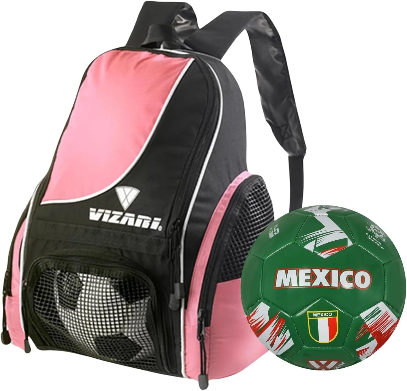 Vizari Solano Multi-Sport Backpack (Pink) with National Team Soccer Ball Combo | Versatile Sports Backpack with Durable Faux Leather & Rubber Country Ball (Mexico, Size 5)