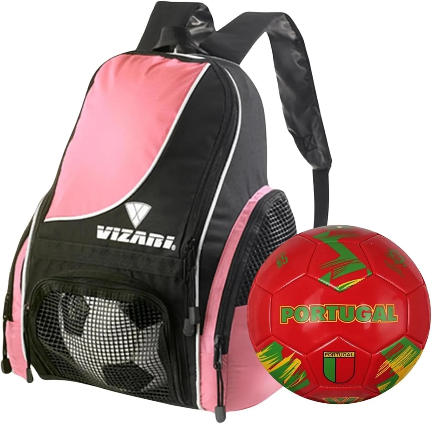 Vizari Solano Multi-Sport Backpack (Pink) with National Team Soccer Ball Combo | Versatile Sports Backpack with Durable Faux Leather & Rubber Country Ball (Portugal, Size 3)