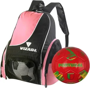 Vizari Solano Multi-Sport Backpack (Pink) with National Team Soccer Ball Combo | Versatile Sports Backpack with Durable Faux Leather & Rubber Country Ball (Portugal, Size 3)