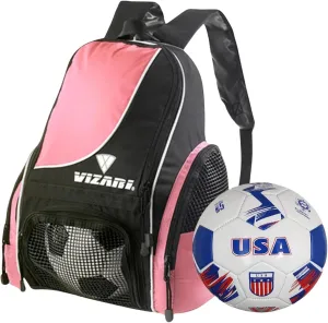 Vizari Solano Multi-Sport Backpack (Pink) with National Team Soccer Ball Combo | Versatile Sports Backpack with Durable Faux Leather & Rubber Country Ball (U.S.A, Size 5)