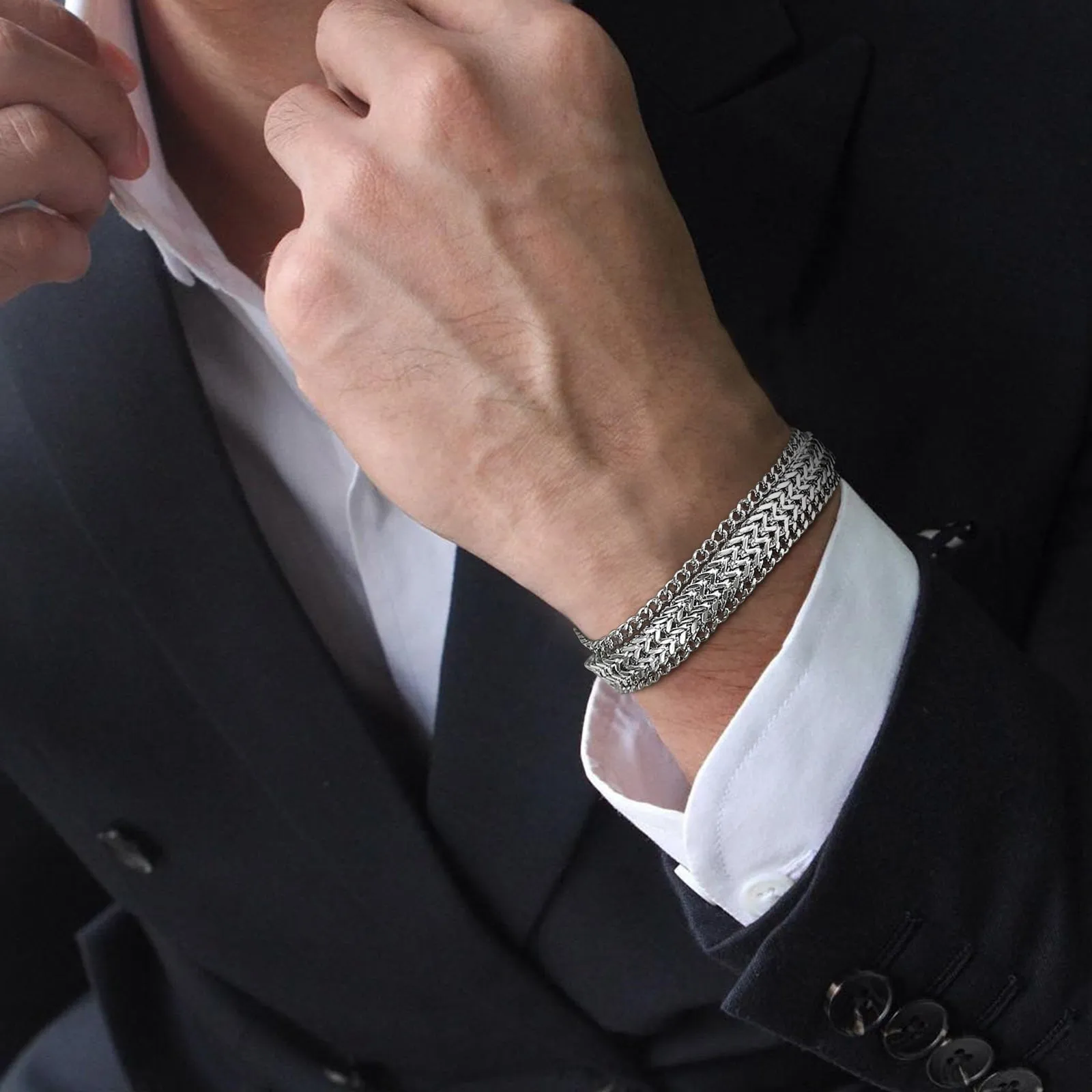 Vnox Layered Bracelets for Men, Black Franco Chain, Cuban Chain, Stainless Steel Simple Wristband, Casual Fashion Jewelry