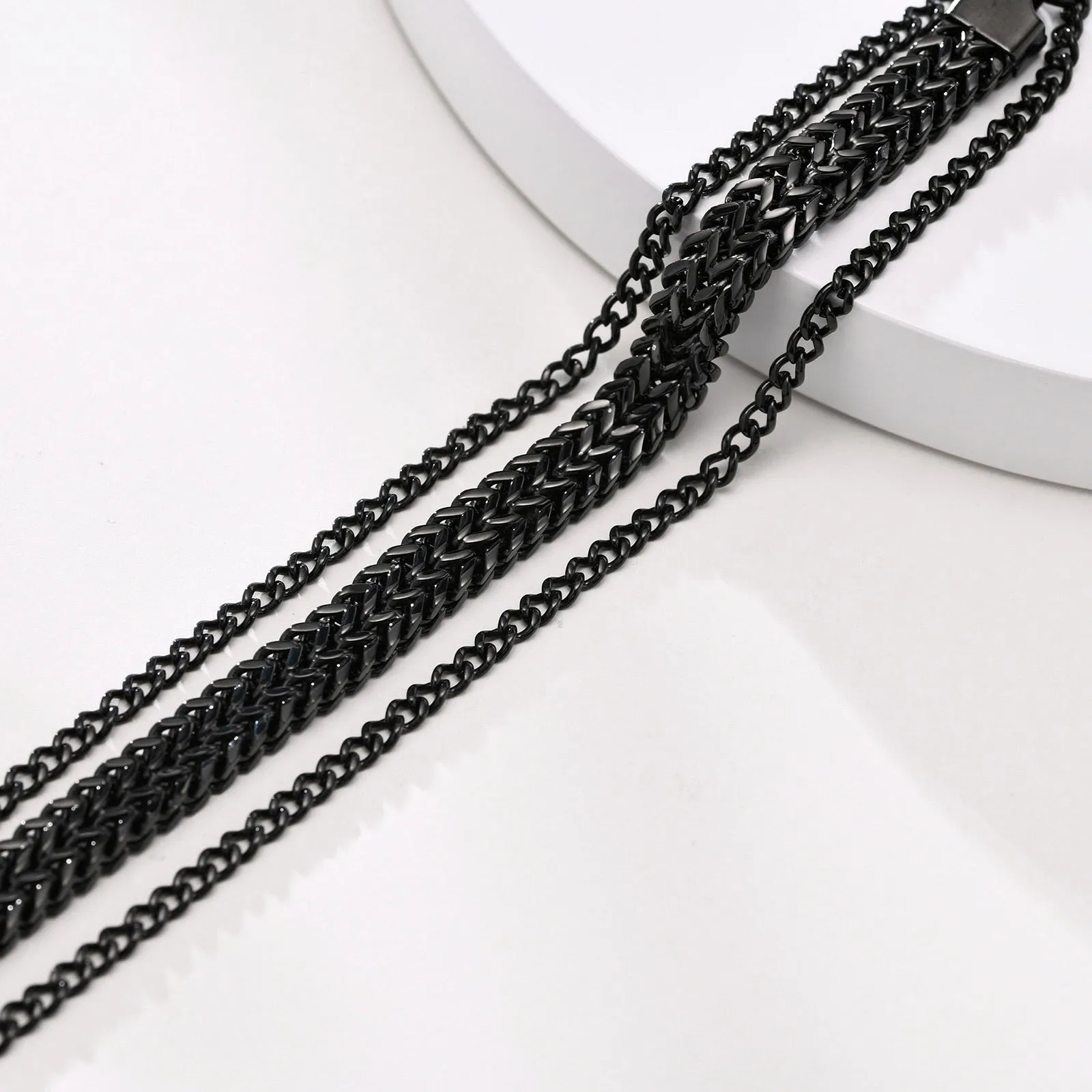 Vnox Layered Bracelets for Men, Black Franco Chain, Cuban Chain, Stainless Steel Simple Wristband, Casual Fashion Jewelry