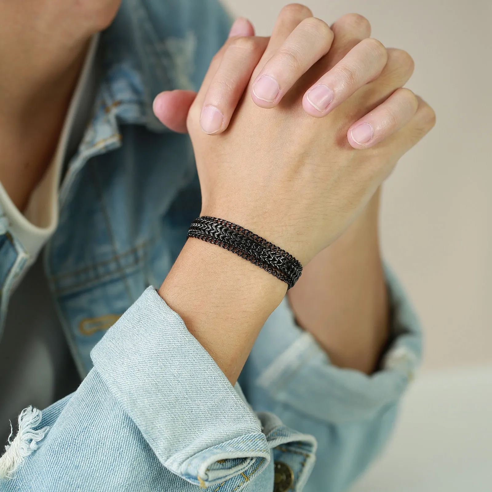 Vnox Layered Bracelets for Men, Black Franco Chain, Cuban Chain, Stainless Steel Simple Wristband, Casual Fashion Jewelry