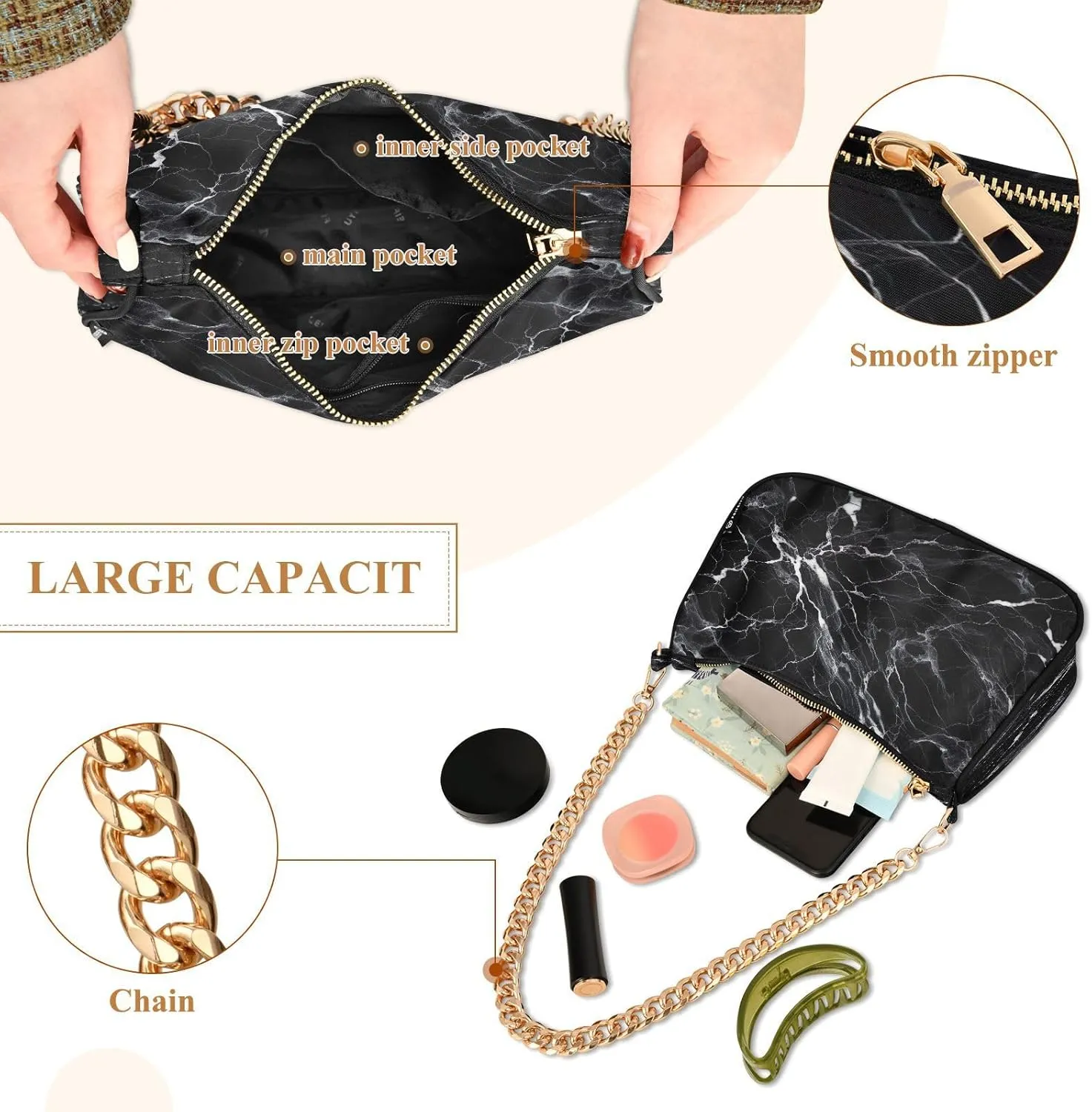 White Texture Black Small Shoulder Bag, Purse Trendy