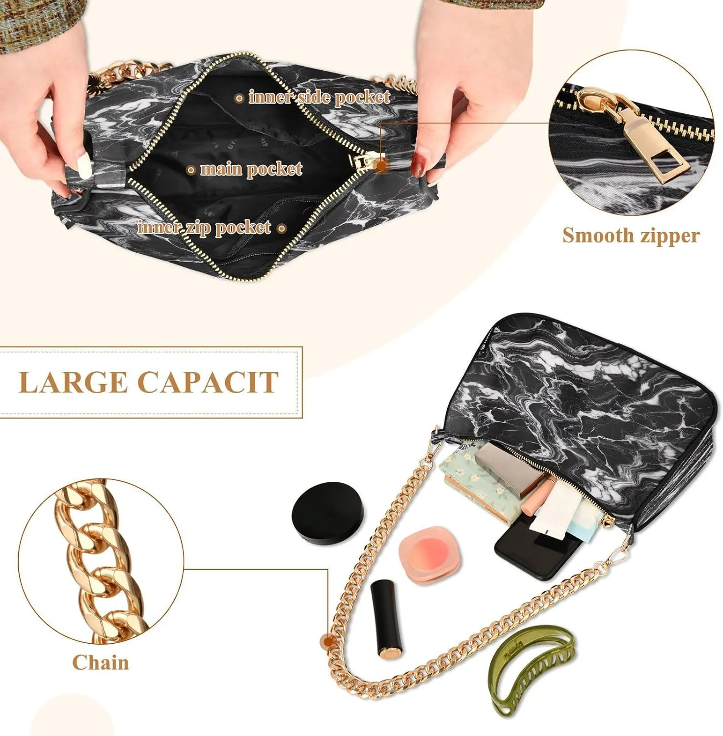 White Texture Black Small Shoulder Bag, Purse Trendy